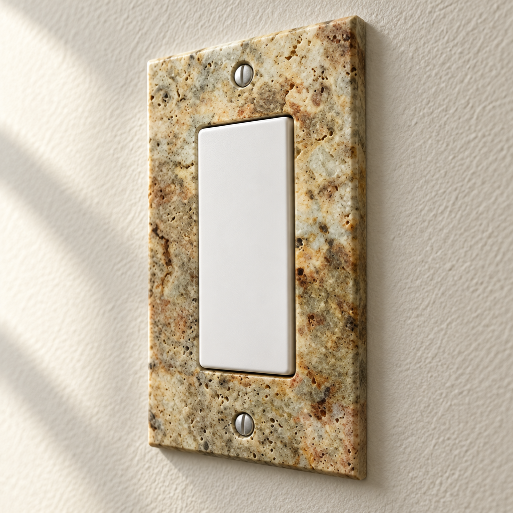 Scabos Travertine Rocker Switch Plate - installed close-up