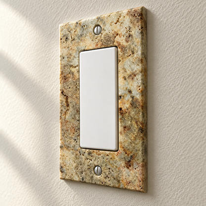 Scabos Travertine Rocker Switch Plate - installed close-up