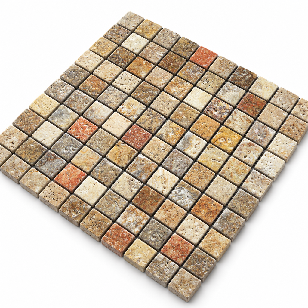 Scabos Travertine Mosaic Tile 1x1, Tumbled - 45 degree view showing thickness