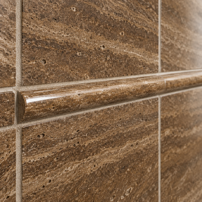 Brown Noce Travertine Pencil Tile Trim 3/4x12, Polished & Vein-Cut - installed close-up
