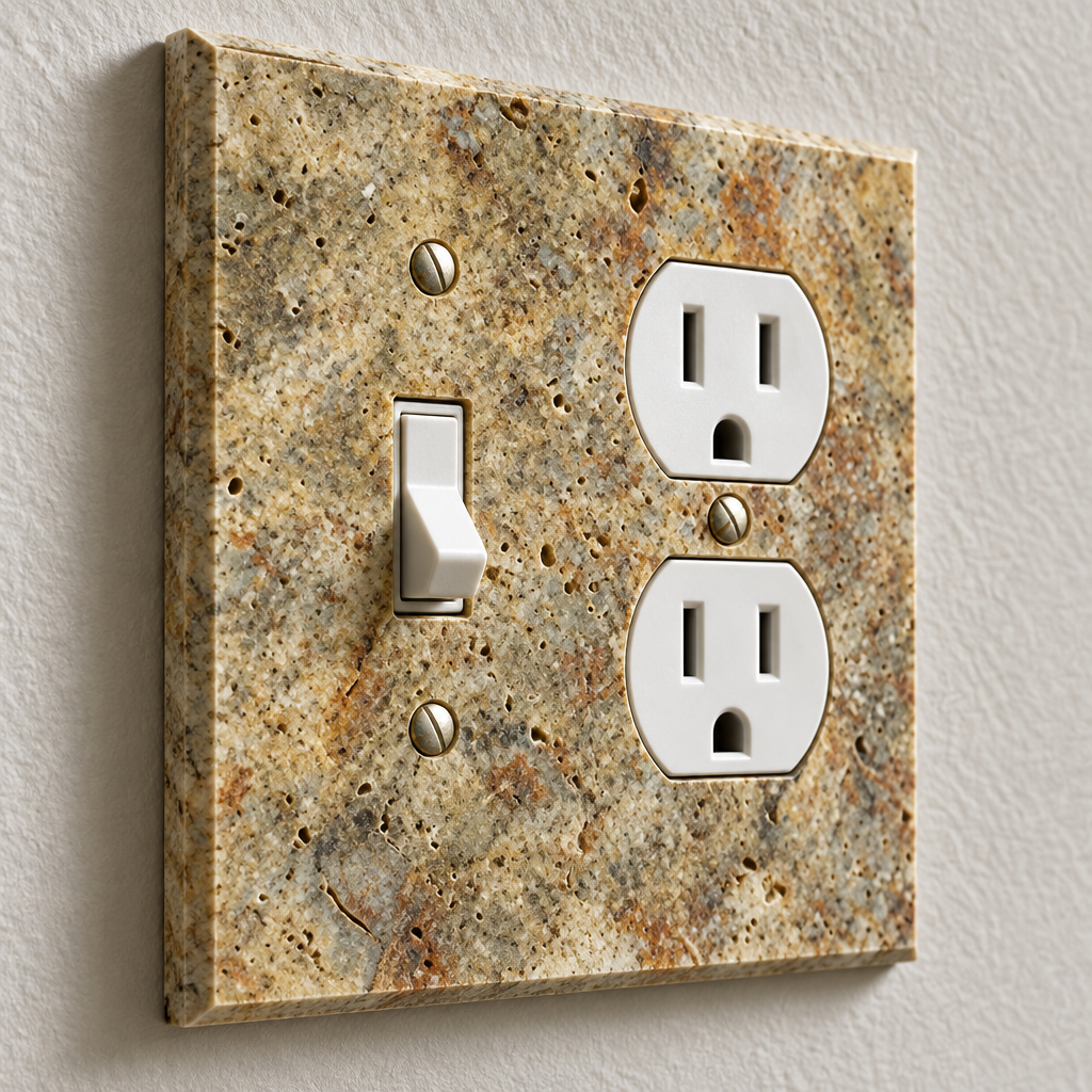 Scabos Travertine Combination Switch Plate - installed close-up
