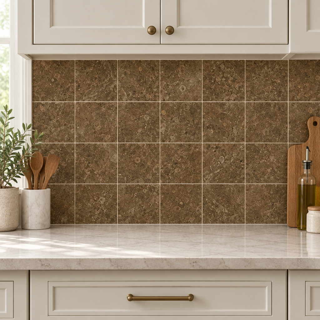 Brown Noce Travertine Tile 6x6, Filled & Honed - installed on wall