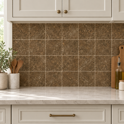 Brown Noce Travertine Tile 6x6, Filled & Honed - installed on wall