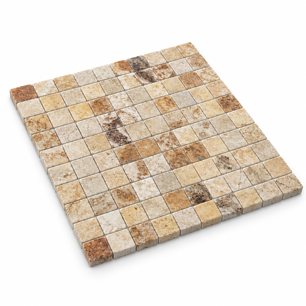 Cream Valencia Travertine Mosaic Tile 1x1, Tumbled - 45 degree view showing thickness