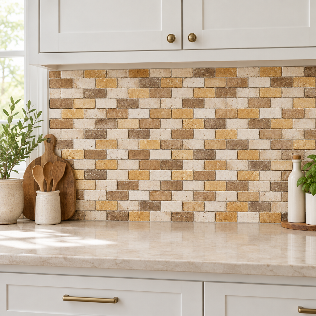 Mixed (Ivory + Noce + Gold) Travertine Brick Mosaic Tile 1x2, Tumbled - installed on wall