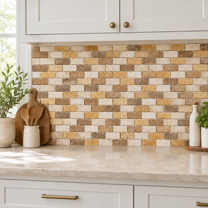 Mixed (Ivory + Noce + Gold) Travertine Brick Mosaic Tile 1x2, Tumbled - installed on wall