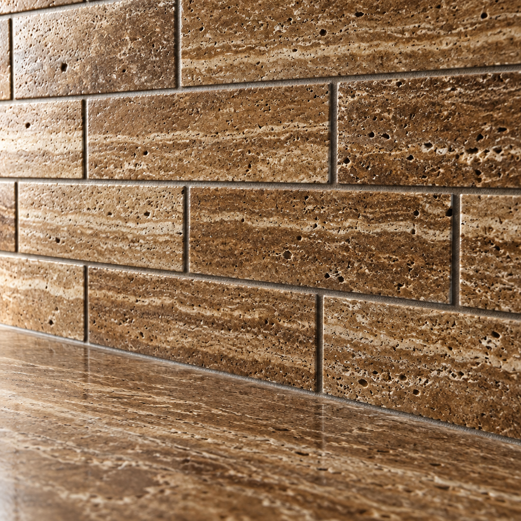 Brown Noce Travertine Brick Mosaic Tile 2x4, Brushed & Unfilled & Vein-Cut - installed close-up