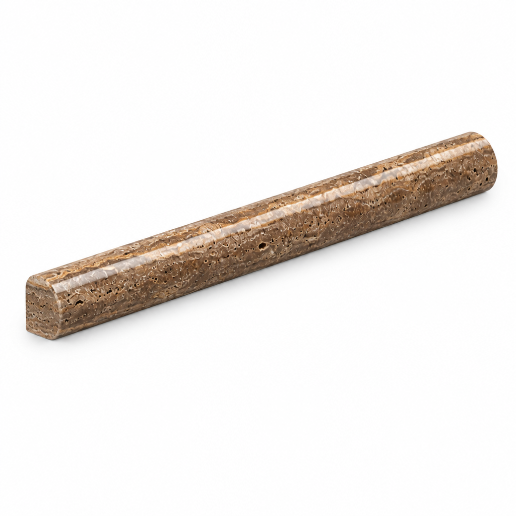Brown Noce Travertine Pencil Tile Trim 3/4x12, Polished & Vein-Cut - 45 degree view showing thickness