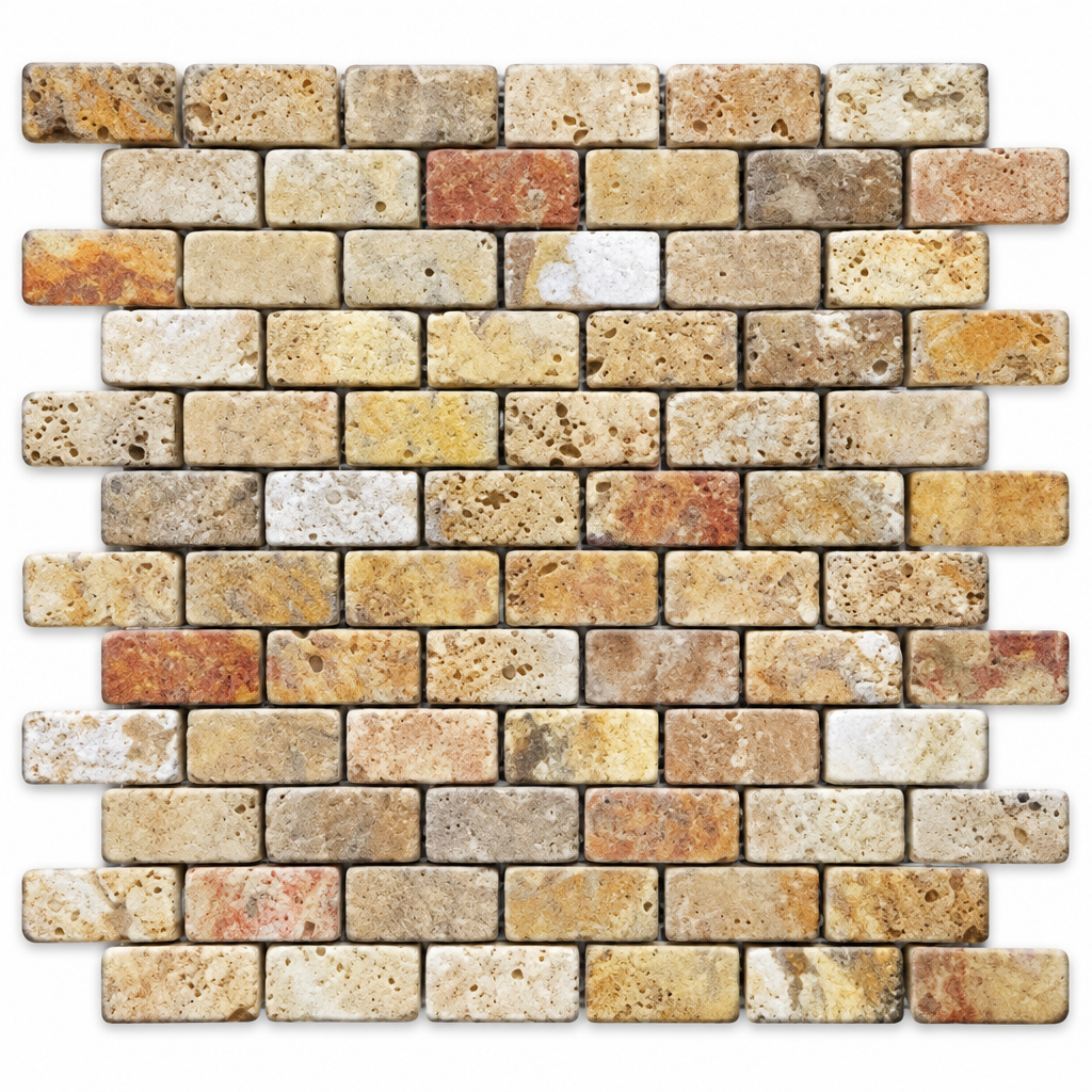 Scabos Travertine Brick Mosaic Tile 1x2, Tumbled - white background