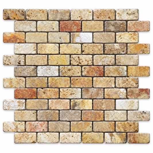 Scabos Travertine Brick Mosaic Tile 1x2, Tumbled - white background