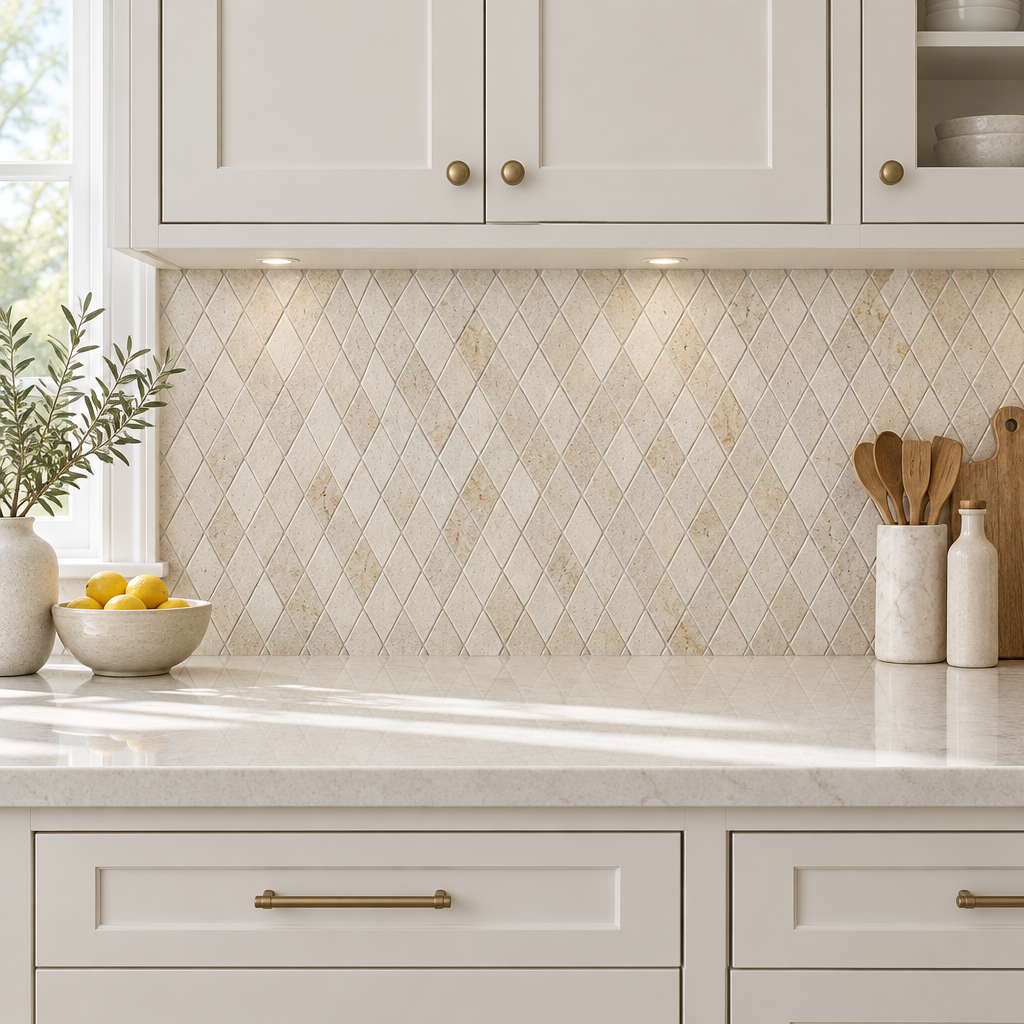 Ivory Travertine Diamond Mosaic Tile 2x4, Tumbled - installed on wall