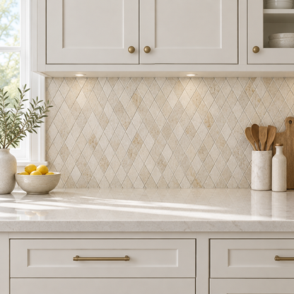 Ivory Travertine Diamond Mosaic Tile 2x4, Tumbled - installed on wall
