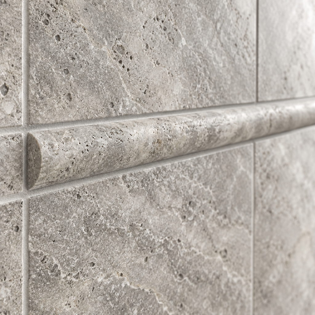 Silver Travertine Pencil Tile Trim 3/4x12, Honed - installed close-up