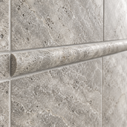 Silver Travertine Pencil Tile Trim 3/4x12, Honed - installed close-up