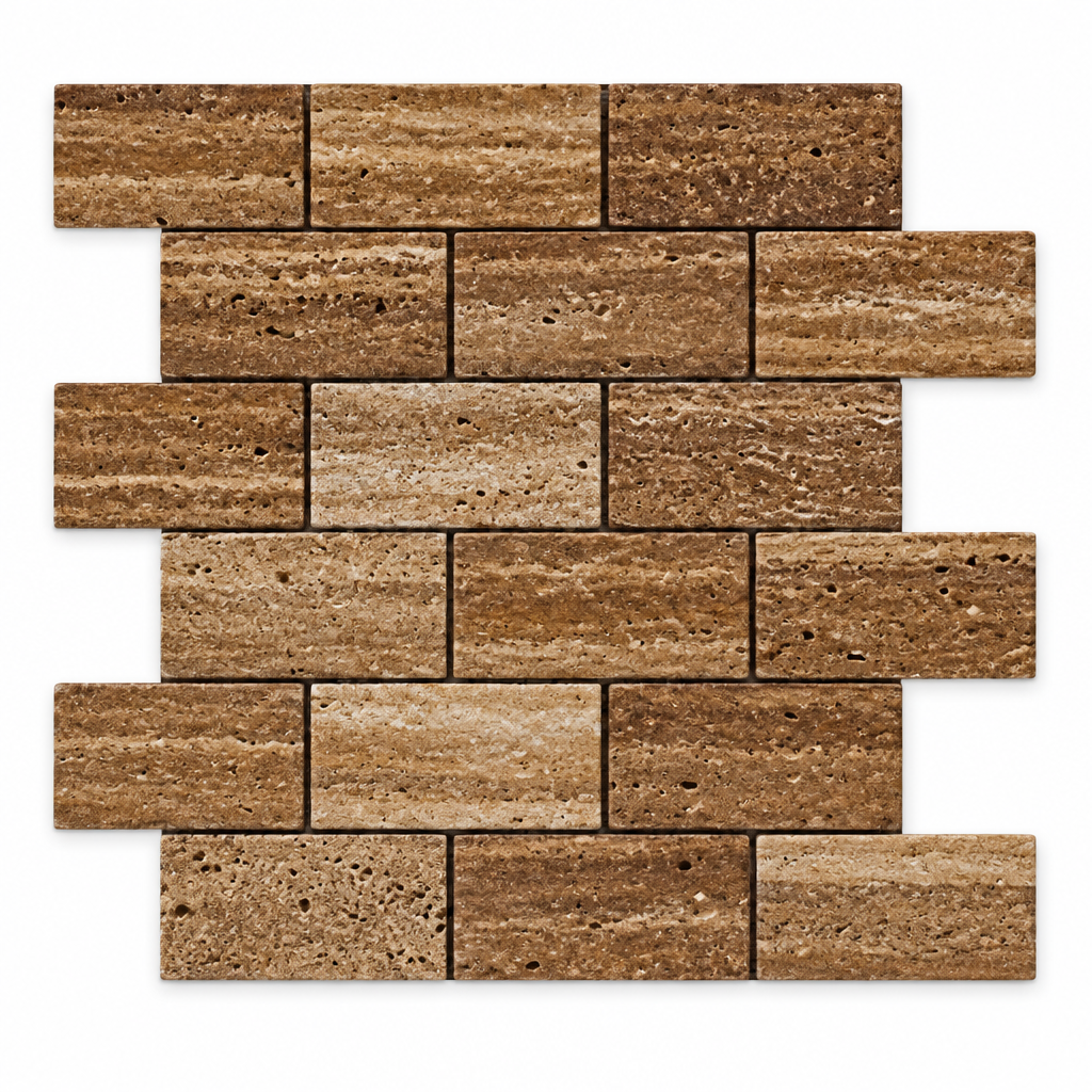 Brown Noce Travertine Brick Mosaic Tile 2x4, Brushed & Unfilled & Vein-Cut - white background