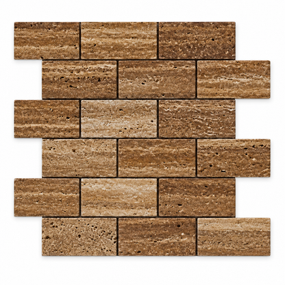 Brown Noce Travertine Brick Mosaic Tile 2x4, Brushed & Unfilled & Vein-Cut - white background