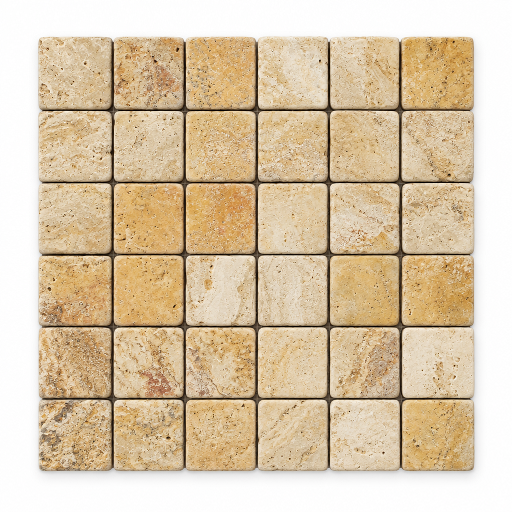 Cream Valencia Travertine Mosaic Tile 2x2, Tumbled - white background