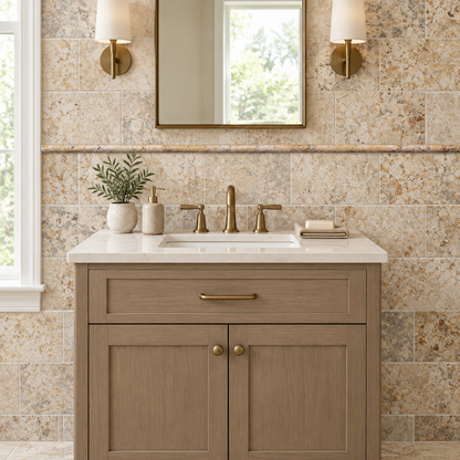 Scabos Travertine Pencil Tile Trim 1/2x12, Honed - installed on wall