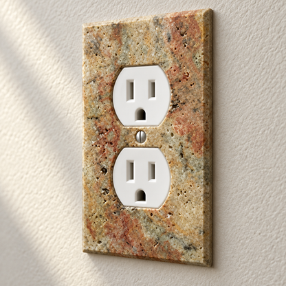 Scabos Travertine Duplex Wall Plate - installed close-up