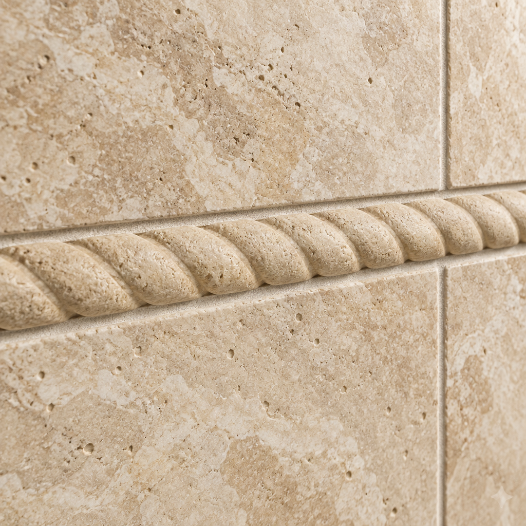 Beige Durango Travertine Rope Tile Trim 1x12, Honed - installed close-up
