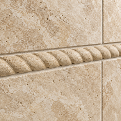 Beige Durango Travertine Rope Tile Trim 1x12, Honed - installed close-up