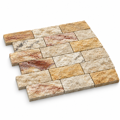 Cream Valencia Travertine Brick Mosaic Tile 2x4, Split Face - 45 degree view showing thickness