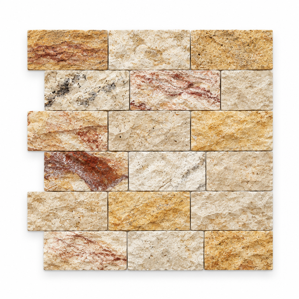Cream Valencia Travertine Brick Mosaic Tile 2x4, Split Face - white background