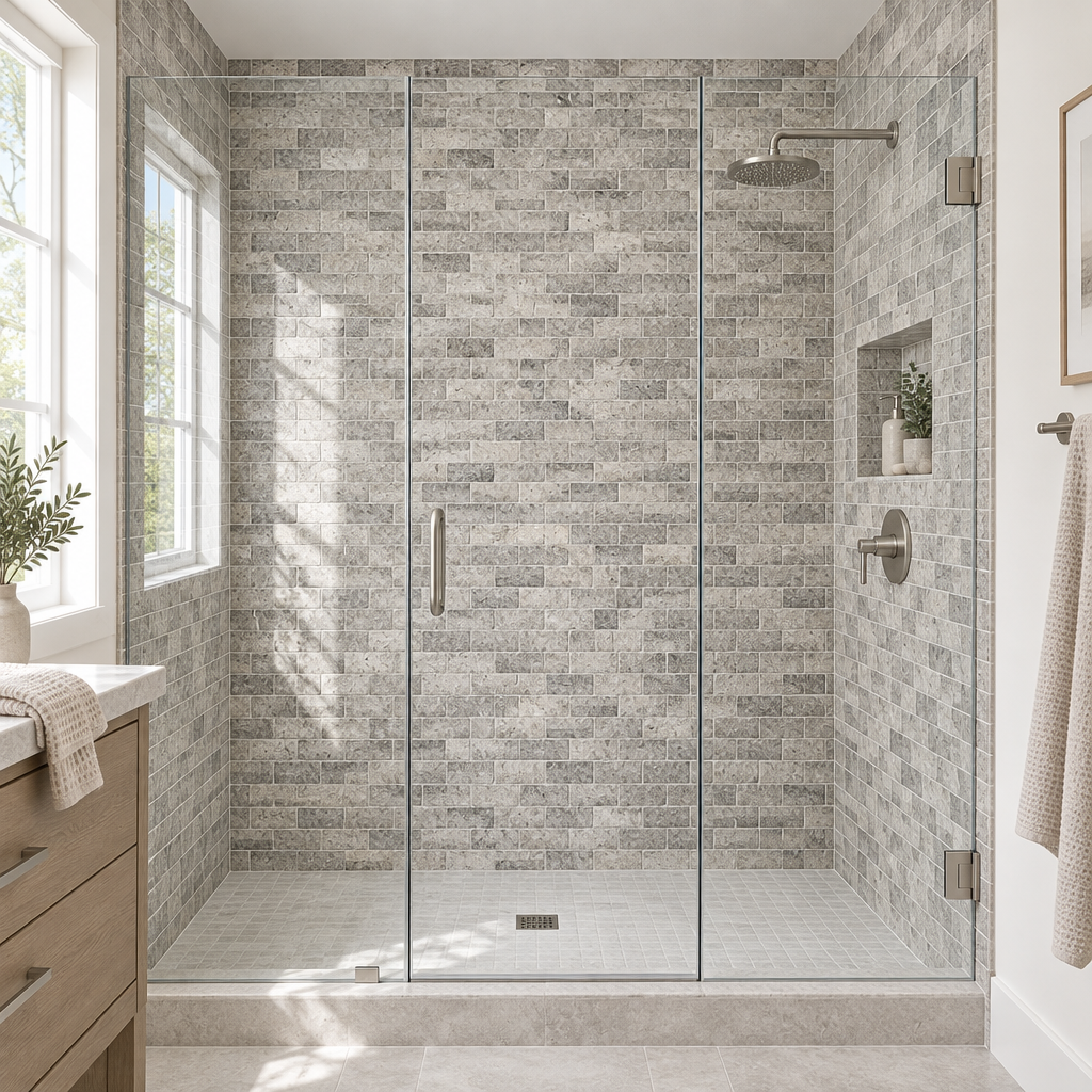 Silver Travertine Brick Mosaic Tile 2x4, Tumbled - installed on shower