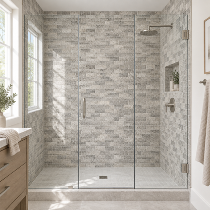 Silver Travertine Brick Mosaic Tile 2x4, Tumbled - installed on shower