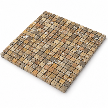 Scabos Travertine Mosaic Tile 5/8x5/8, Tumbled - 45 degree view showing thickness