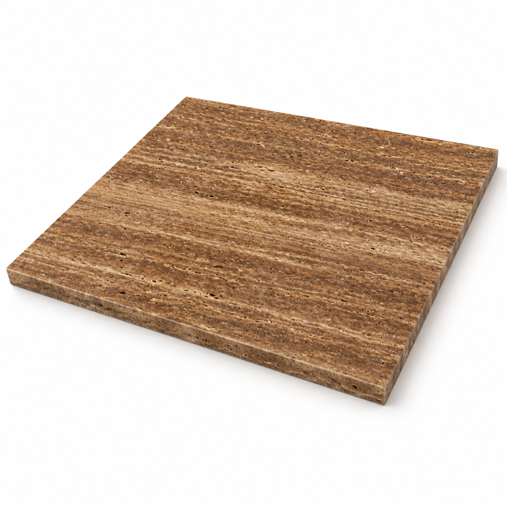 Brown Noce Travertine Tile 18x18, Brushed & Unfilled & Vein-Cut - 45 degree view showing thickness