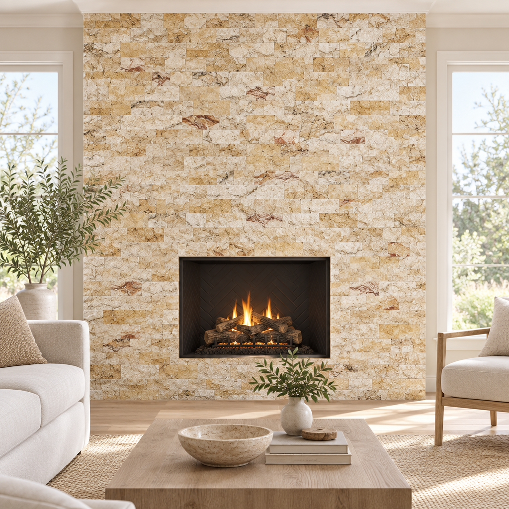 Cream Valencia Travertine Brick Mosaic Tile 2x4, Split Face - installed on wall