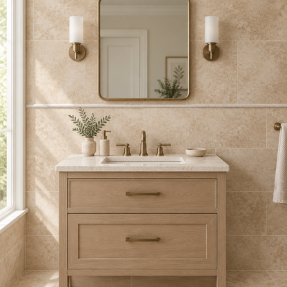 Beige Durango Travertine Pencil Tile Trim 1/2x12, Honed - installed on wall