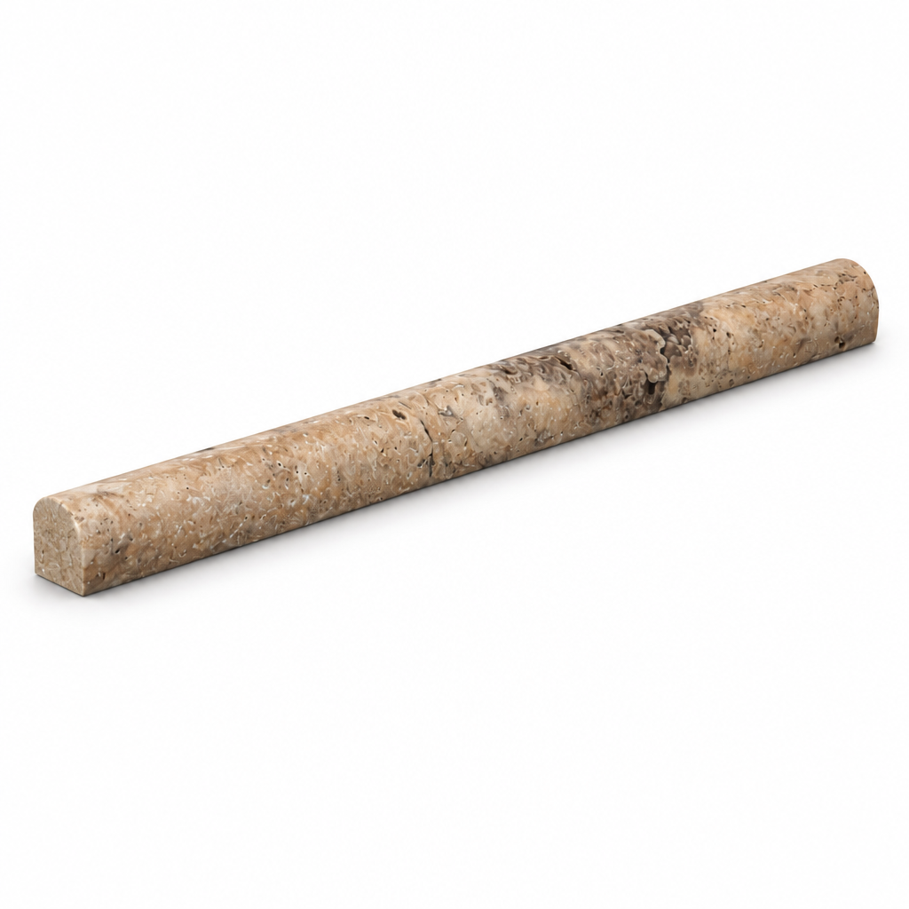 Walnut Travertine Pencil Tile Trim 3/4x12, Honed - 45 degree view showing thickness