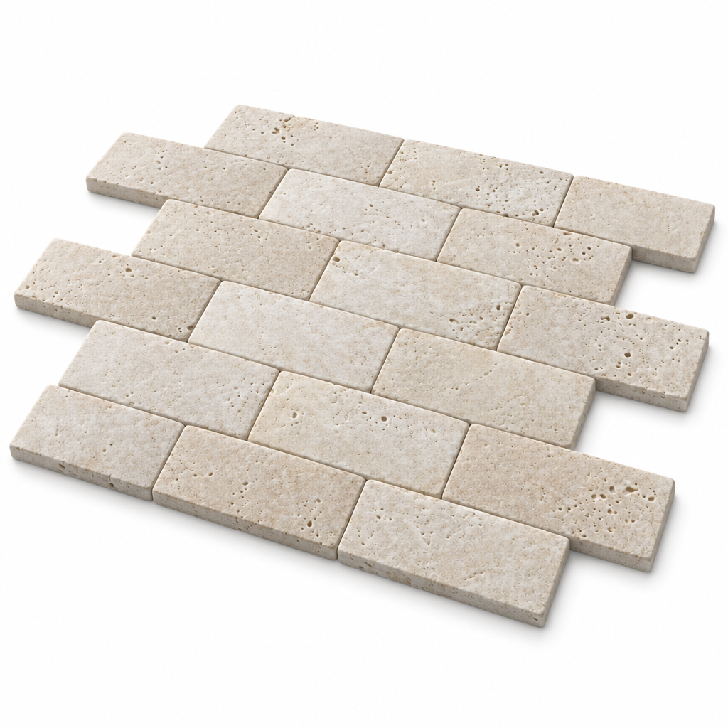 Ivory Travertine Arched Brick Mosaic Tile 2x4, Honed - 45 degree view showing thickness