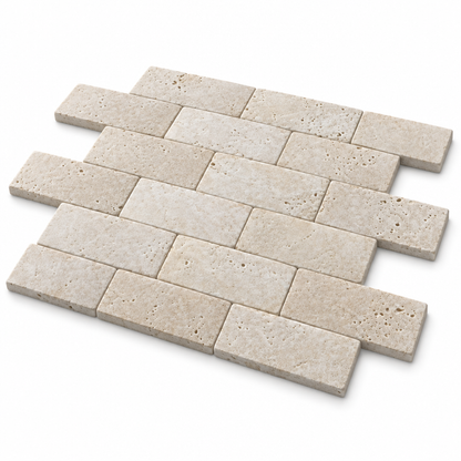 Ivory Travertine Arched Brick Mosaic Tile 2x4, Honed - 45 degree view showing thickness