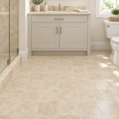 Beige Durango Travertine Tile 6x6, Filled & Honed - installed on floor
