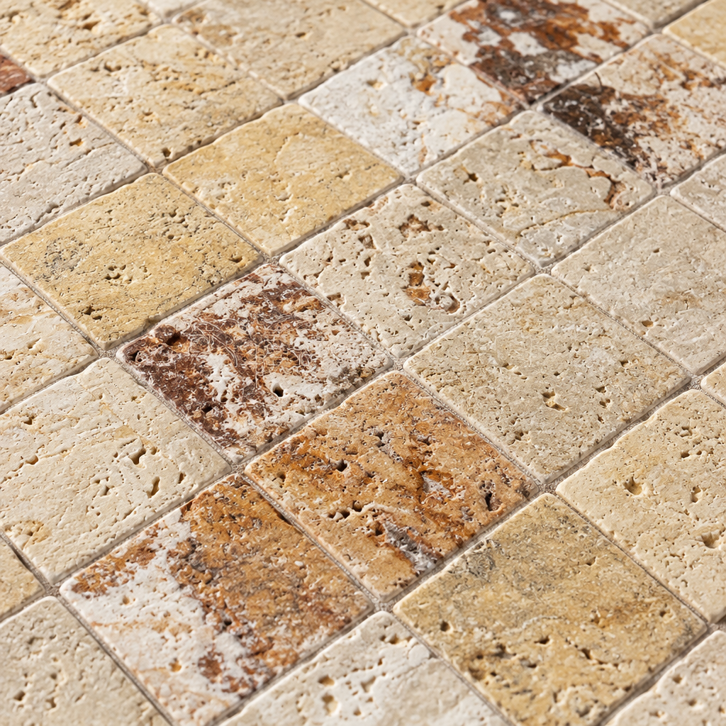Cream Valencia Travertine Mosaic Tile 1x1, Tumbled - installed close-up