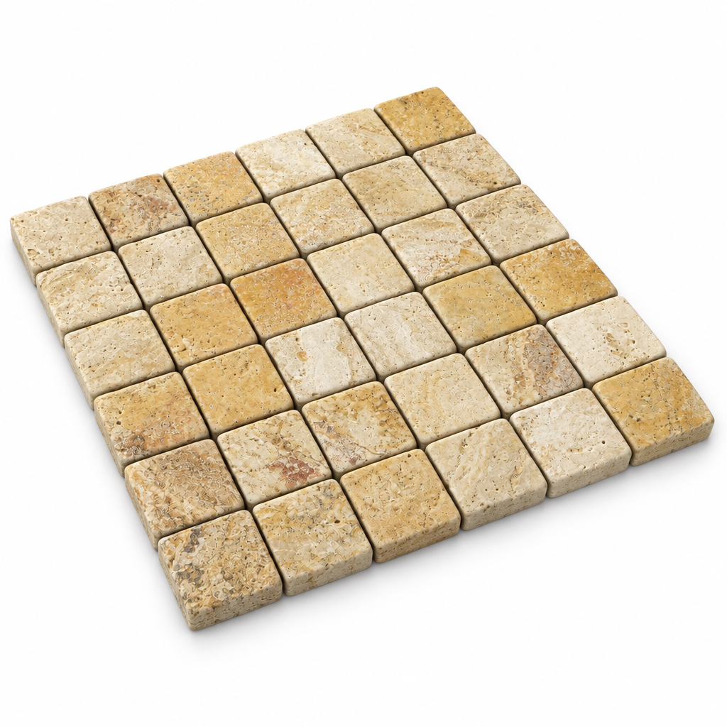 Cream Valencia Travertine Mosaic Tile 2x2, Tumbled - 45 degree view showing thickness