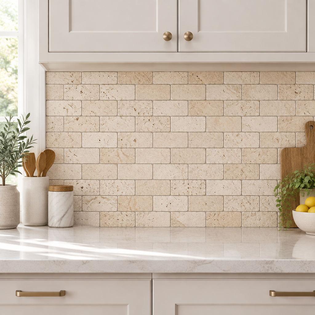 Ivory Travertine Brick Mosaic Tile 2x4, Tumbled - installed on wall