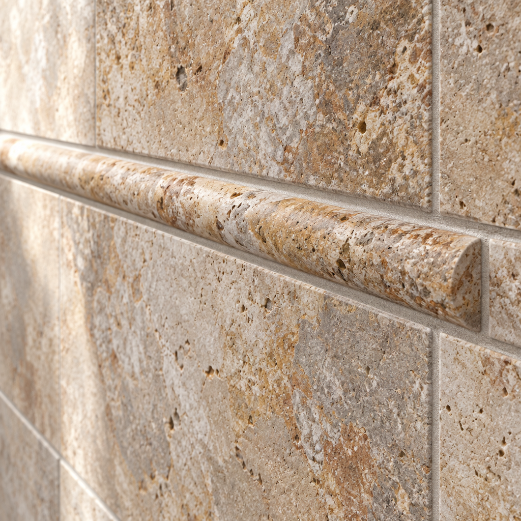 Scabos Travertine Pencil Tile Trim 1/2x12, Honed - installed close-up