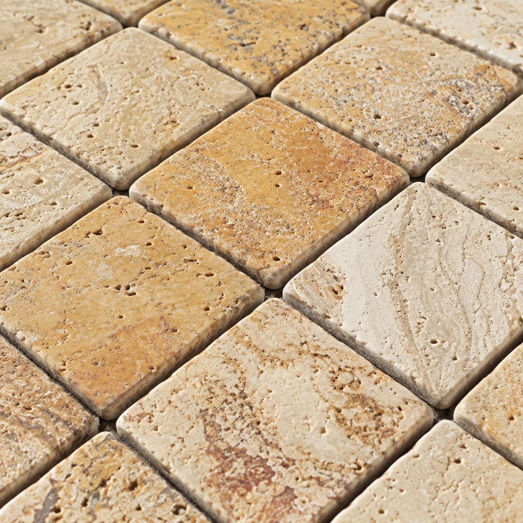 Cream Valencia Travertine Mosaic Tile 2x2, Tumbled - installed close-up