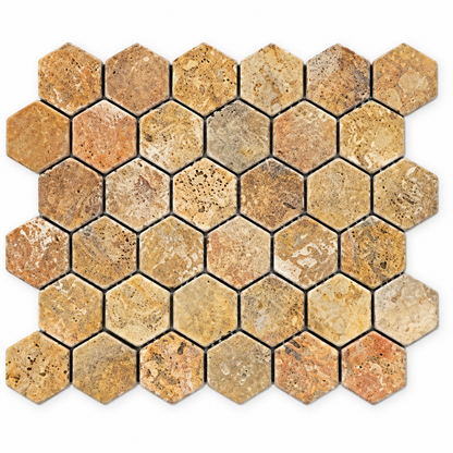 Scabos Travertine Hexagon Mosaic Tile 2 in, Tumbled - white background