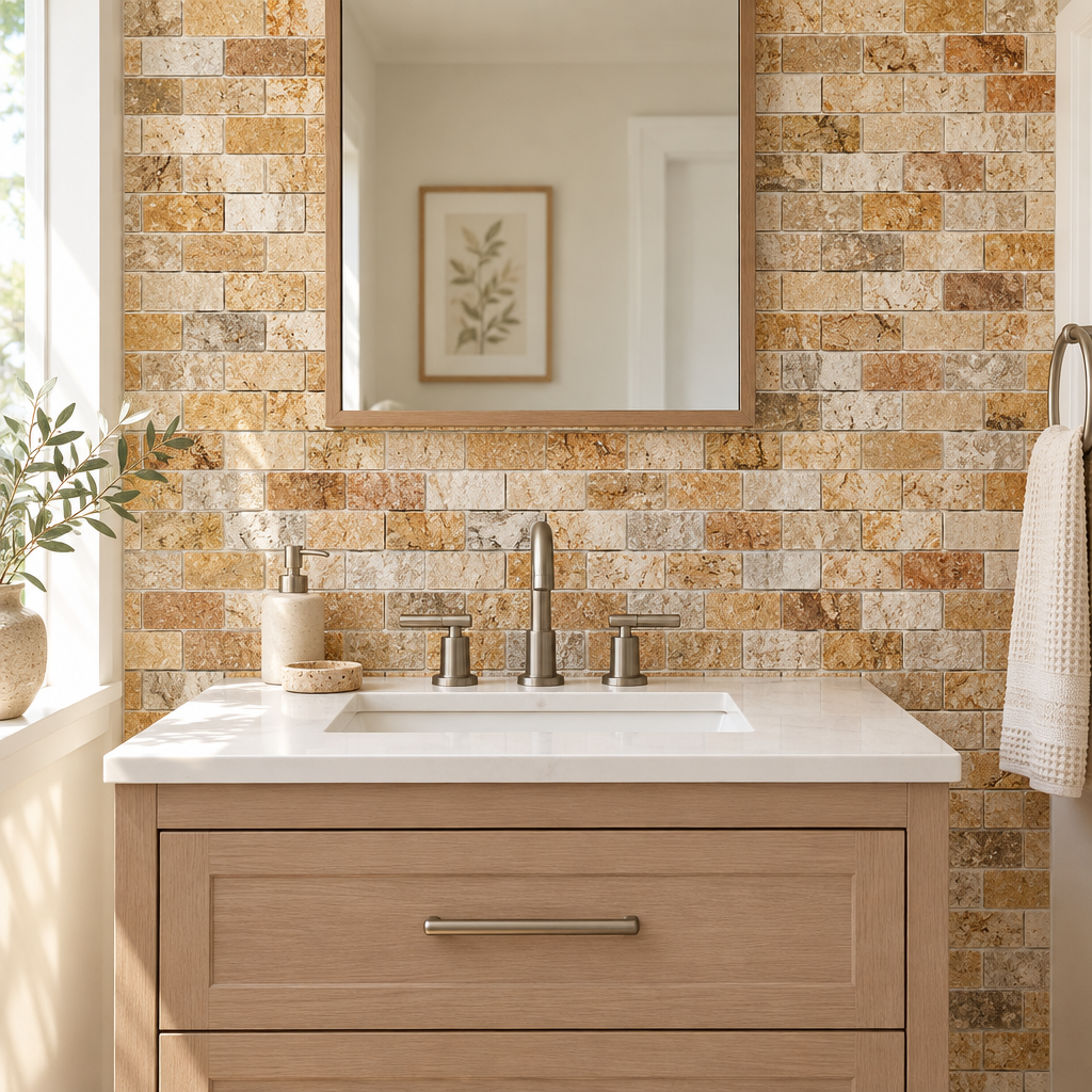 Scabos Travertine Brick Mosaic Tile 2x4, Honed - installed on wall