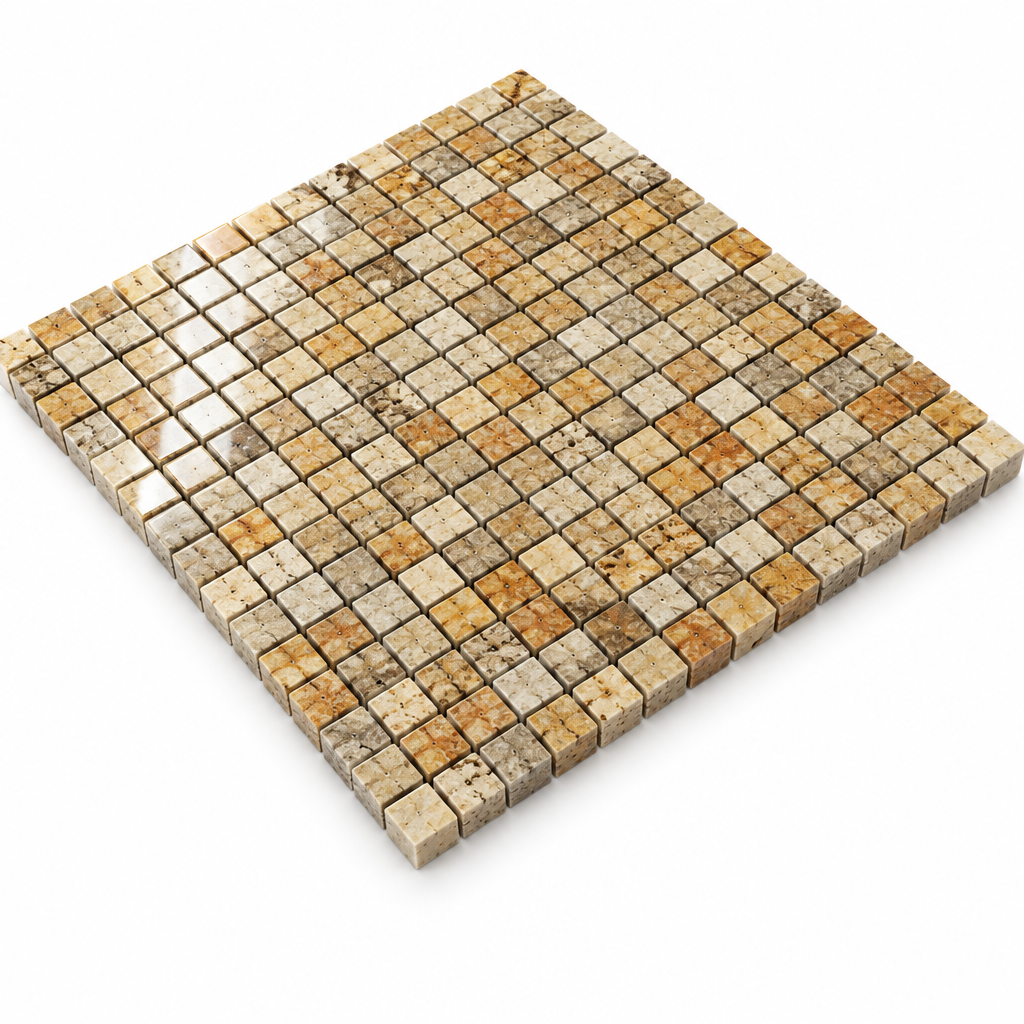 Scabos Travertine Mosaic Tile 5/8x5/8, Polished - 45 degree view showing thickness