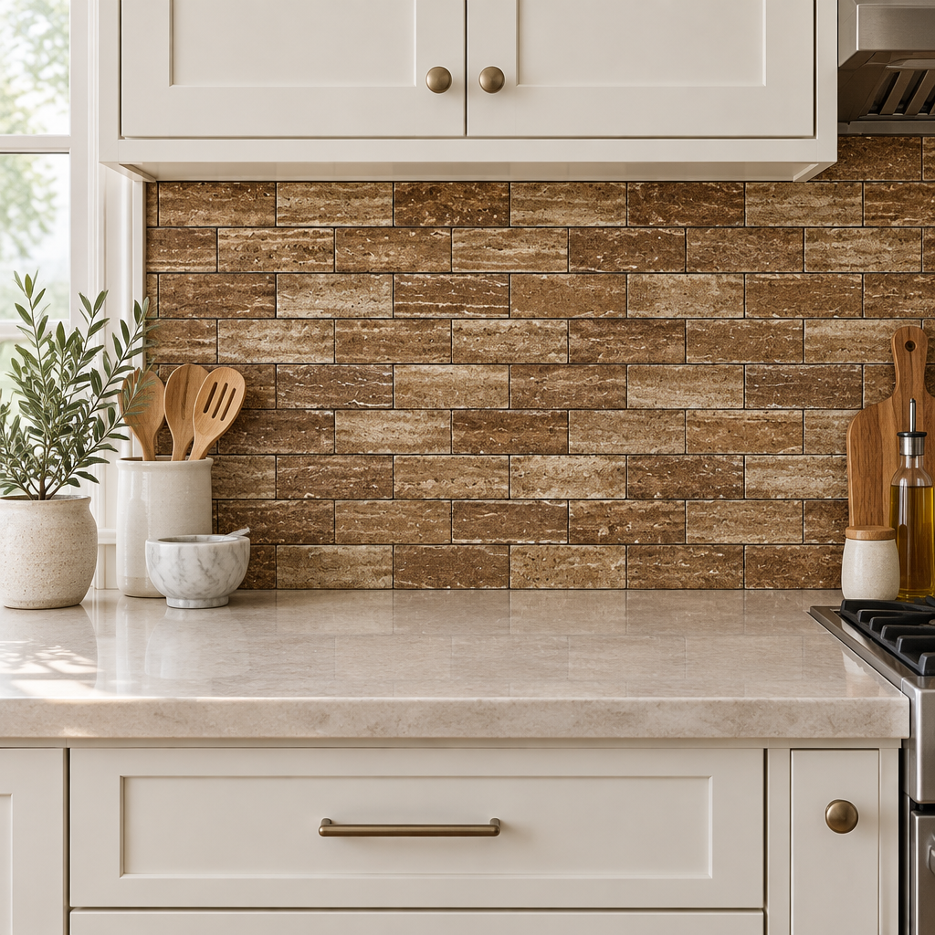 Brown Noce Travertine Brick Mosaic Tile 2x4, Brushed & Unfilled & Vein-Cut - installed on wall