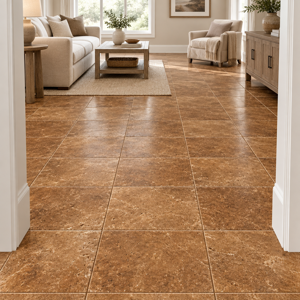 Brown Noce Travertine Tile 12x12, Tumbled - installed on floor