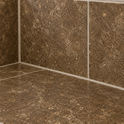 Brown Noce Travertine Tile 6x6, Filled & Honed - installed close-up