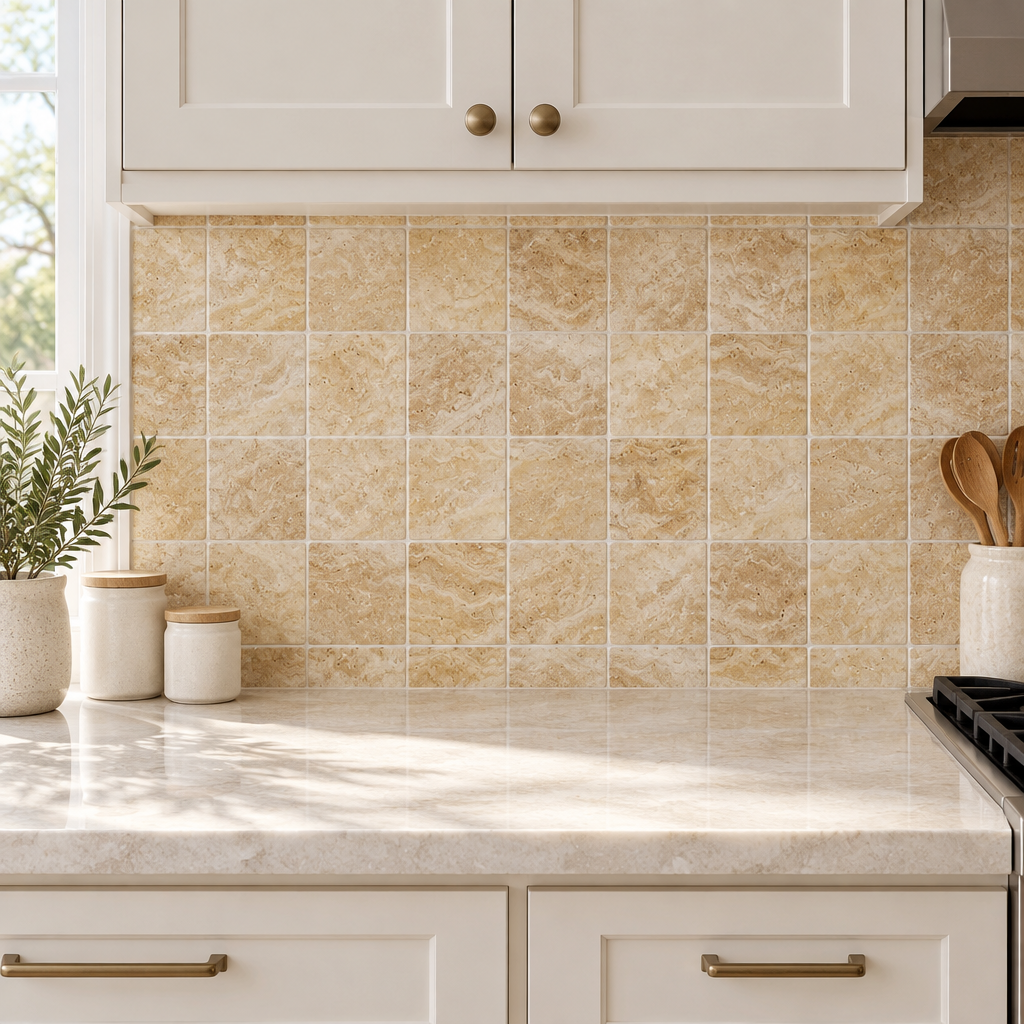 Cream Valencia Travertine Tile 4x4, Tumbled - installed on wall
