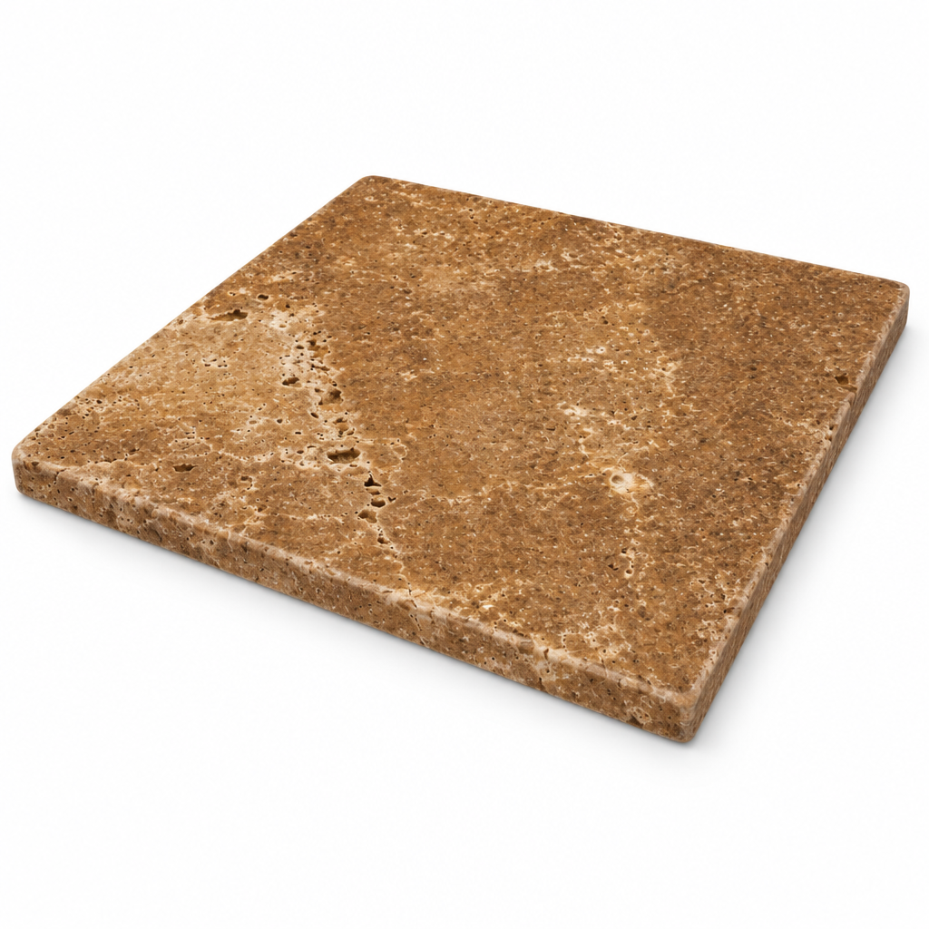 Brown Noce Travertine Tile 12x12, Tumbled - 45 degree view showing thickness
